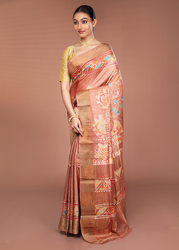 Cream Handloom Tussar Pure Silk Saree With Blouse Piece