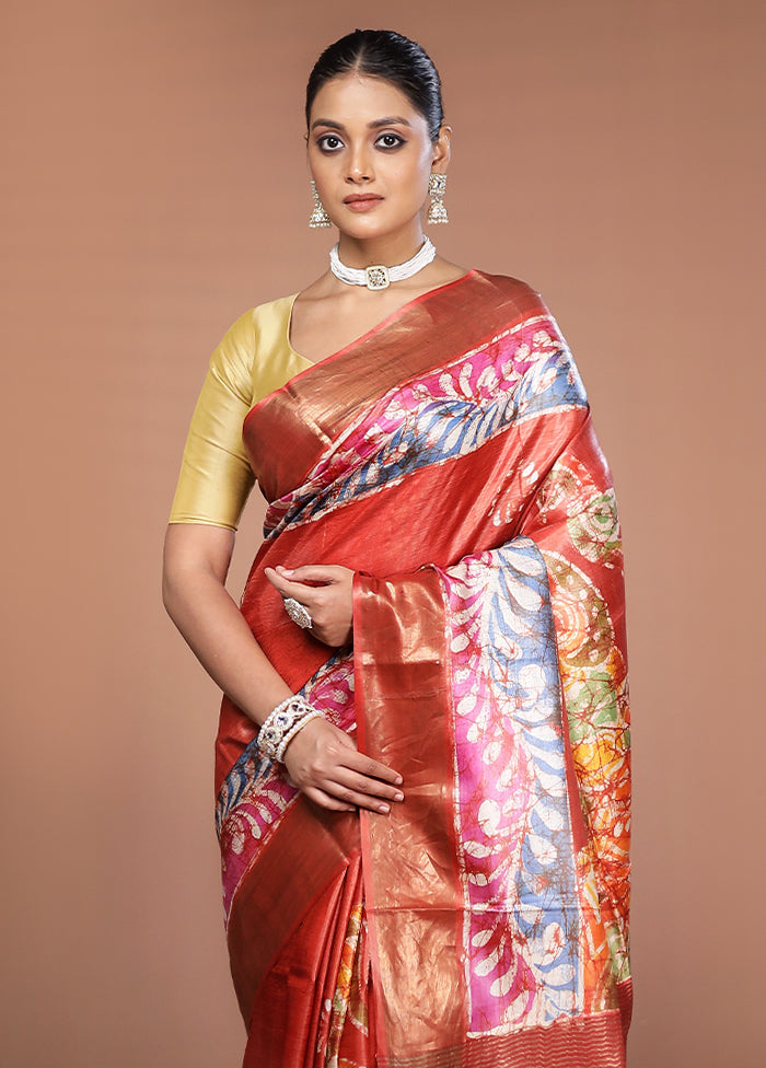 Rust Handloom Tussar Pure Silk Saree With Blouse Piece