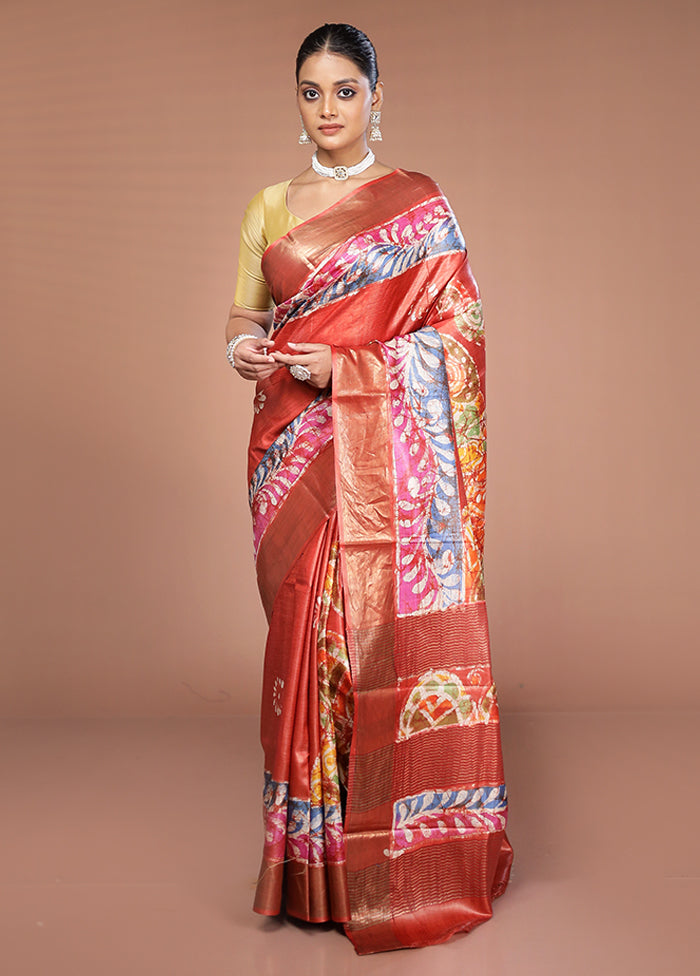 Rust Handloom Tussar Pure Silk Saree With Blouse Piece