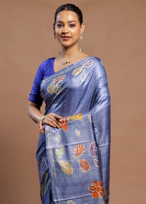 Blue Handloom Tussar Pure Silk Saree With Blouse Piece