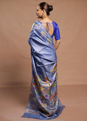 Blue Handloom Tussar Pure Silk Saree With Blouse Piece