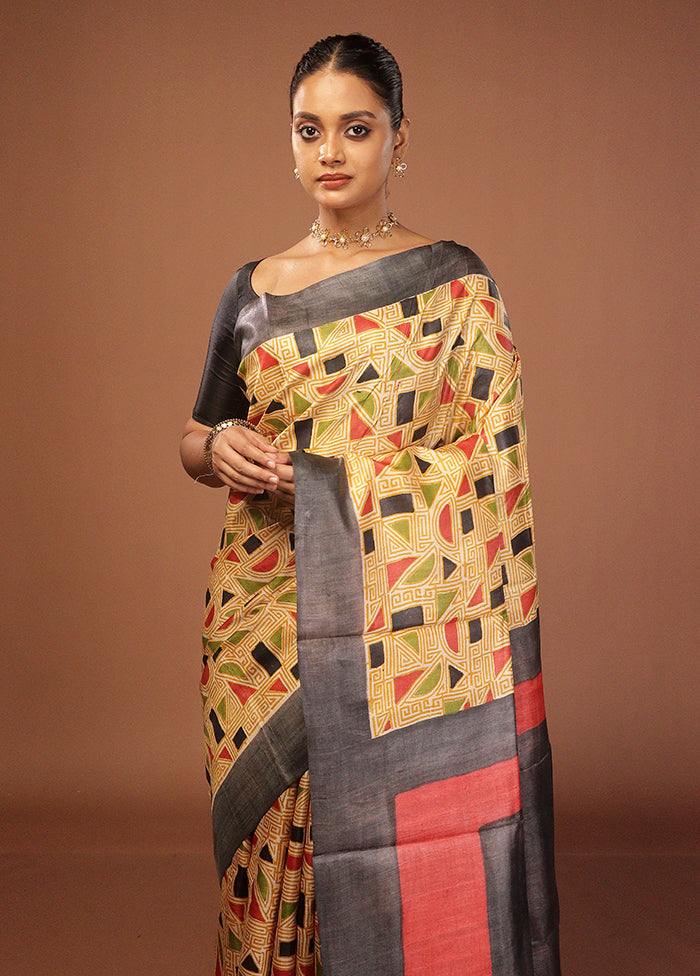 Yellow Handloom Tussar Pure Silk Saree With Blouse Piece