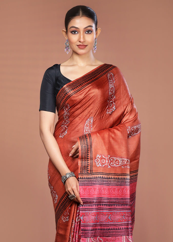 Rust Tussar Silk Saree With Blouse Piece