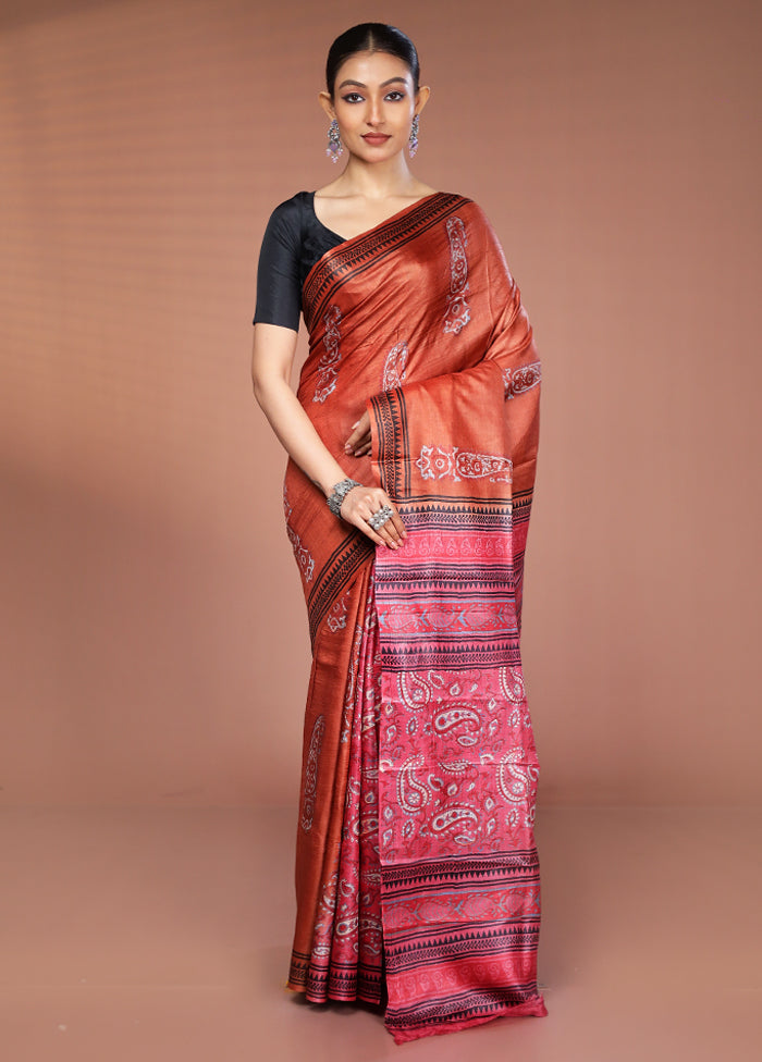 Rust Tussar Silk Saree With Blouse Piece
