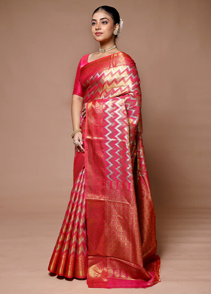 Pink Kanjivaram Silk Saree With Blouse Piece