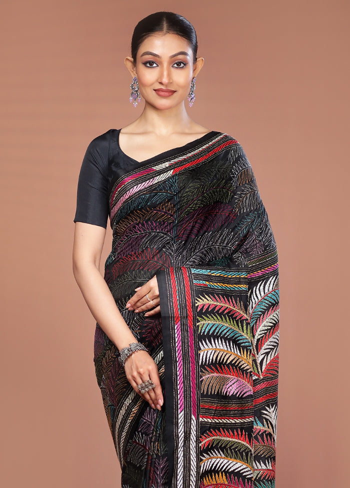 Black Handloom Kantha Stitch Pure Silk Saree With Blouse Piece