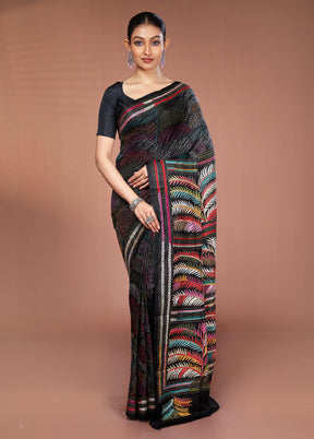 Black Handloom Kantha Stitch Pure Silk Saree With Blouse Piece