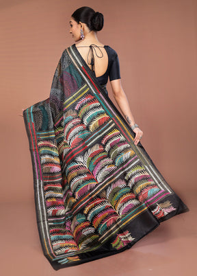 Black Handloom Kantha Stitch Pure Silk Saree With Blouse Piece