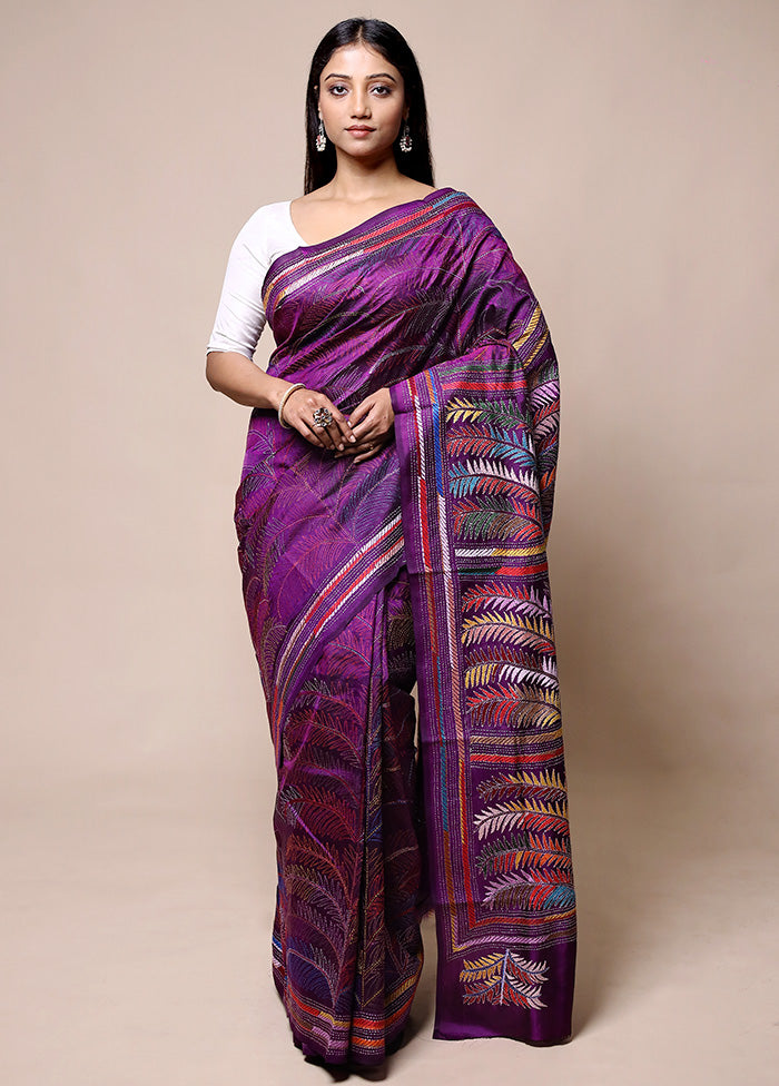 Purple Handloom Kantha Stitch Pure Silk Saree With Blouse Piece