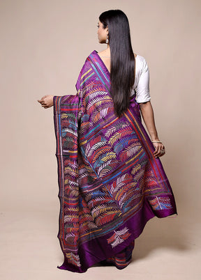 Purple Handloom Kantha Stitch Pure Silk Saree With Blouse Piece