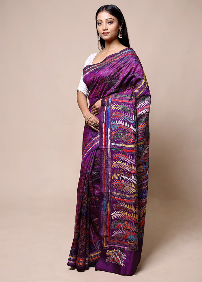 Purple Handloom Kantha Stitch Pure Silk Saree With Blouse Piece