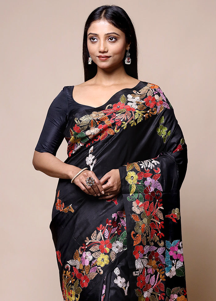 Black Handloom Kantha Stitch Pure Silk Saree With Blouse Piece