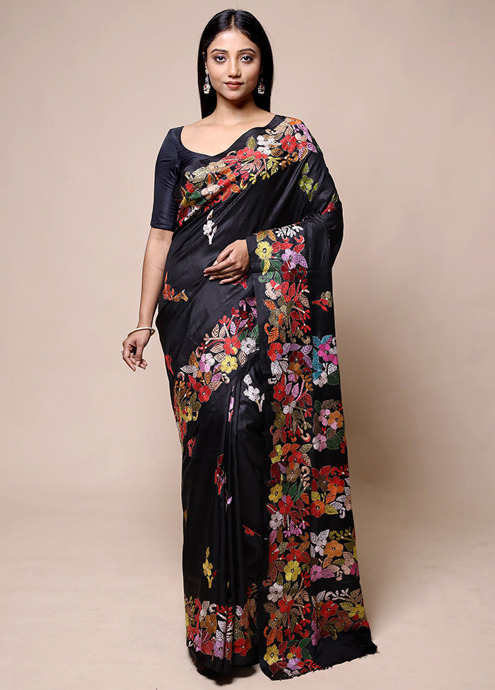 Black Handloom Kantha Stitch Pure Silk Saree With Blouse Piece