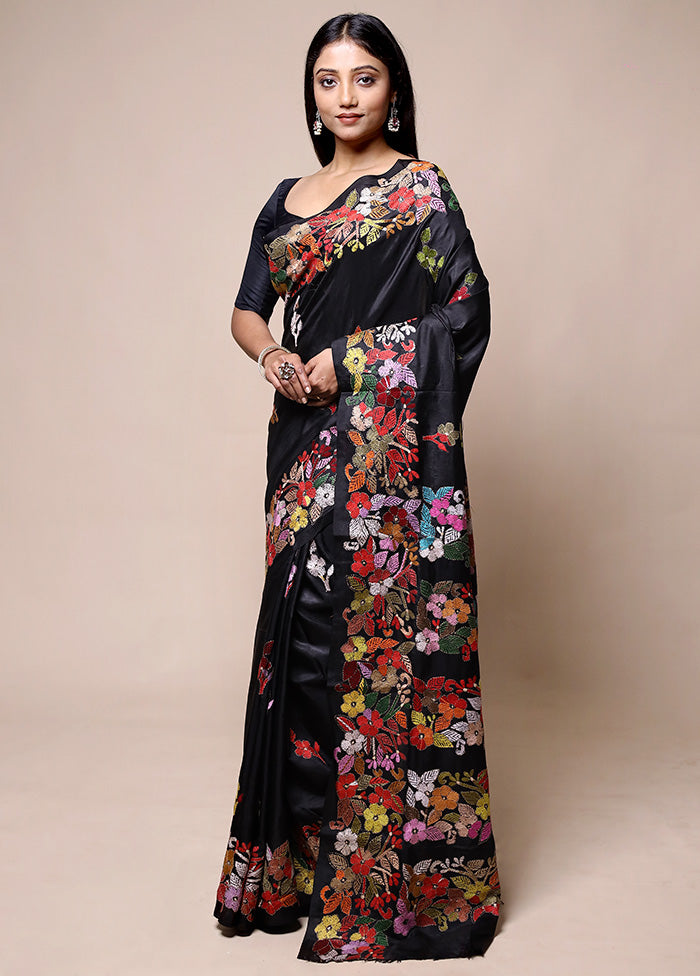 Black Handloom Kantha Stitch Pure Silk Saree With Blouse Piece