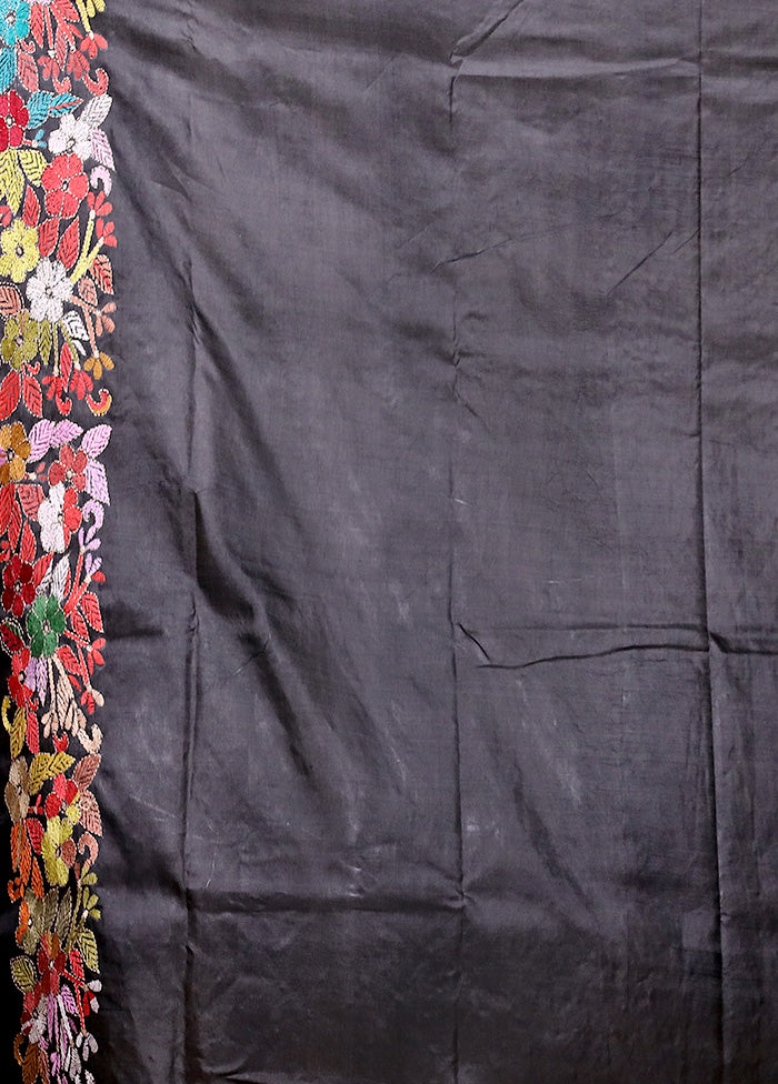 Black Handloom Kantha Stitch Pure Silk Saree With Blouse Piece