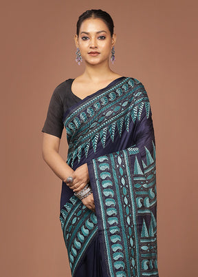 Multicolor Handloom Kantha Stitch Pure Silk Saree With Blouse Piece