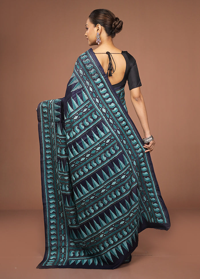 Multicolor Handloom Kantha Stitch Pure Silk Saree With Blouse Piece