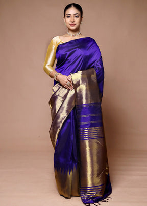 Blue Handloom Kanchipuram Pure Silk Saree With Blouse Piece