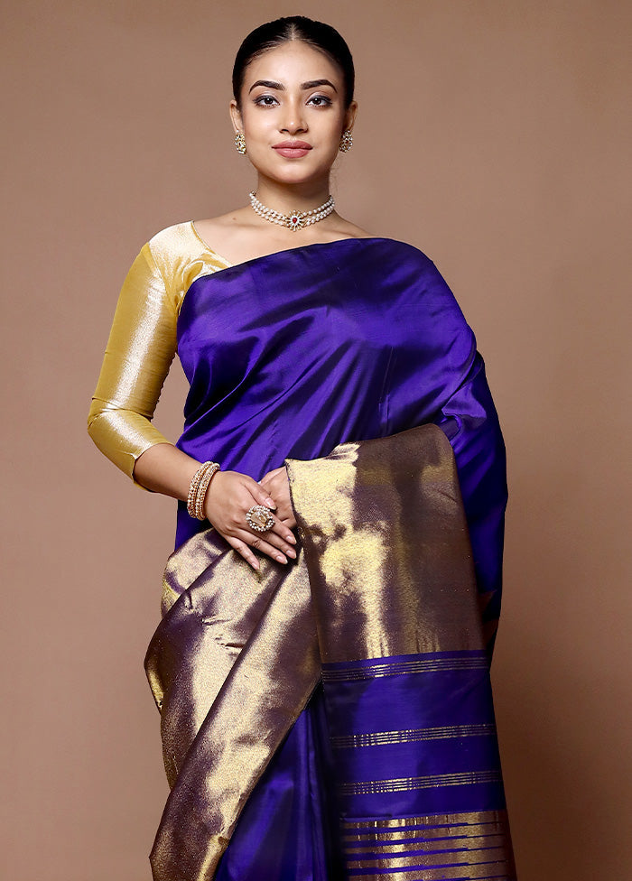 Blue Handloom Kanchipuram Pure Silk Saree With Blouse Piece