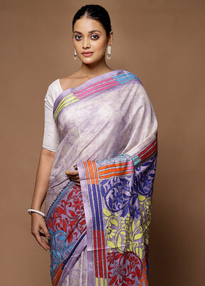 Grey Kantha Stitch Silk Saree With Blouse Piece