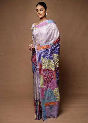 Grey Kantha Stitch Silk Saree With Blouse Piece