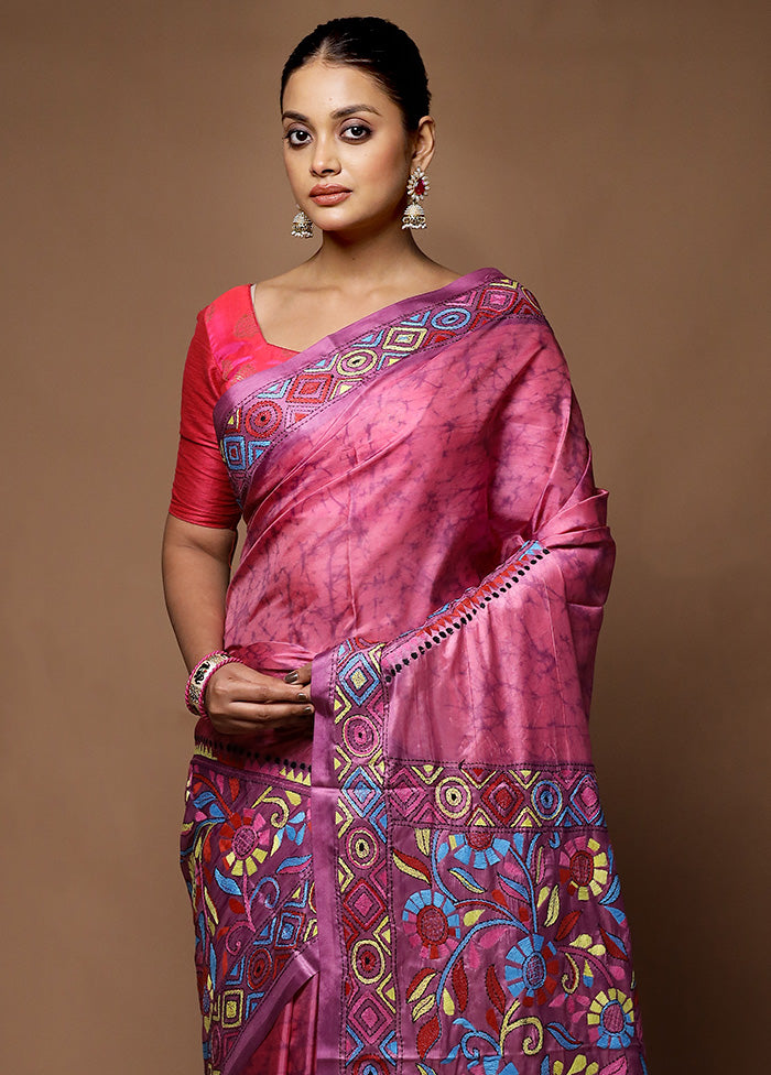 Purple Kantha Stitch Silk Saree With Blouse Piece