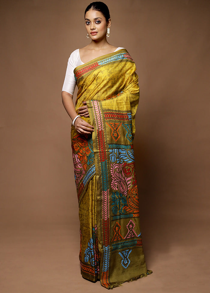 Green Kantha Stitch Silk Saree With Blouse Piece