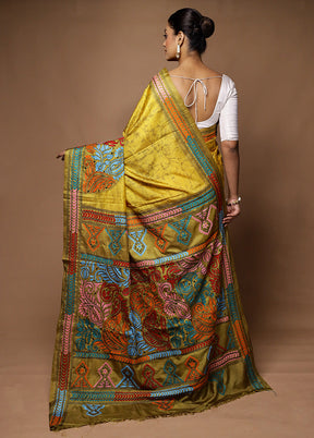 Green Kantha Stitch Silk Saree With Blouse Piece