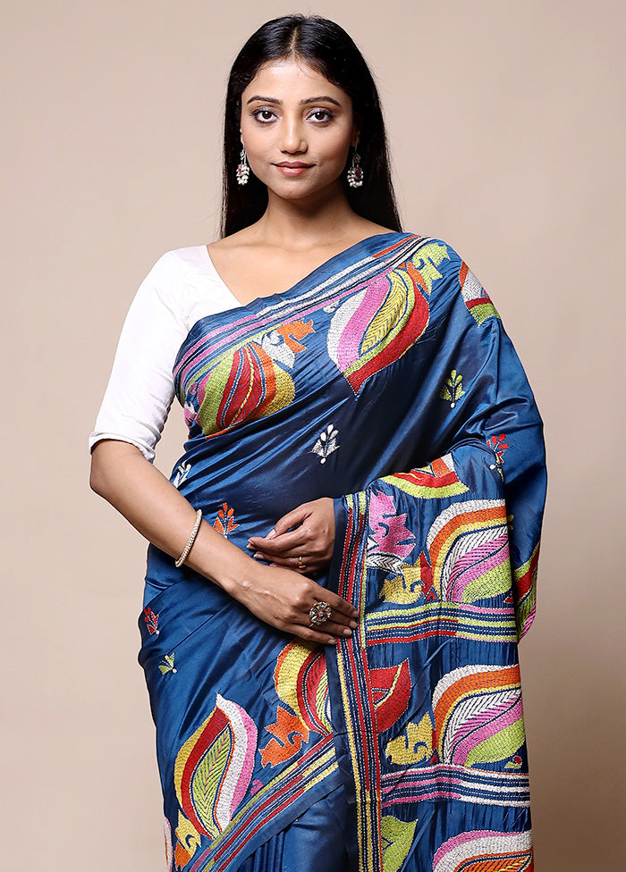 Blue Kantha Stitch Silk Saree With Blouse Piece