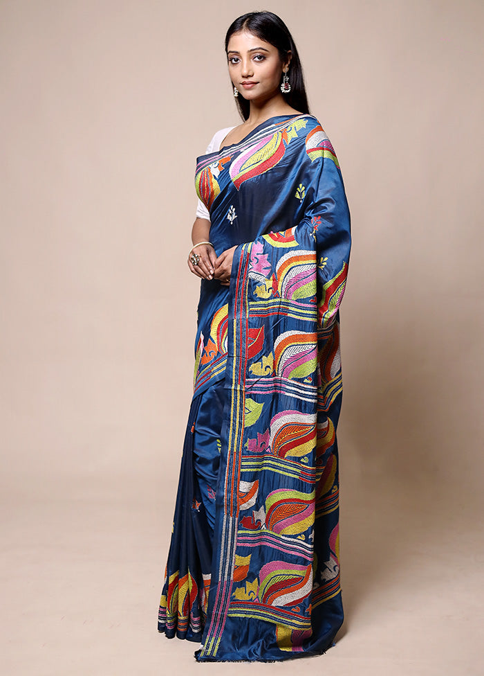 Blue Kantha Stitch Silk Saree With Blouse Piece