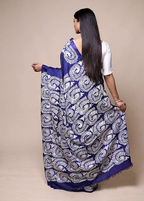 Violet Kantha Stitch Silk Saree With Blouse Piece