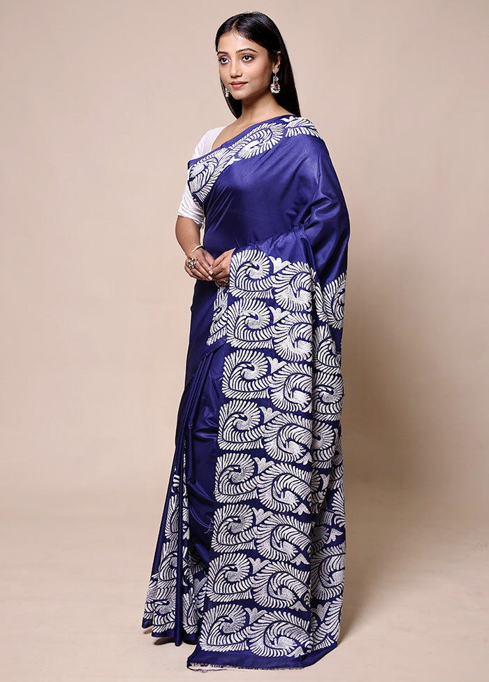 Violet Kantha Stitch Silk Saree With Blouse Piece