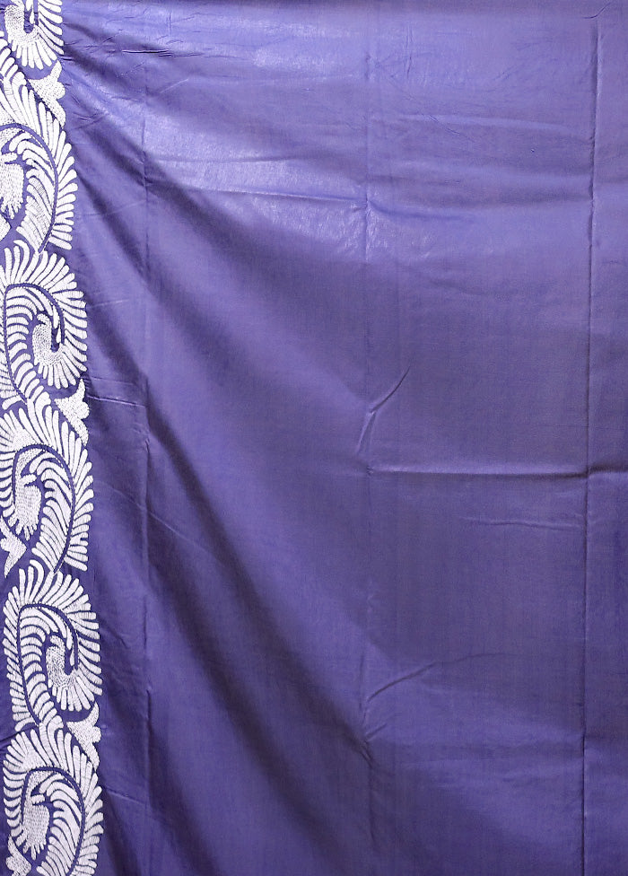 Violet Kantha Stitch Silk Saree With Blouse Piece