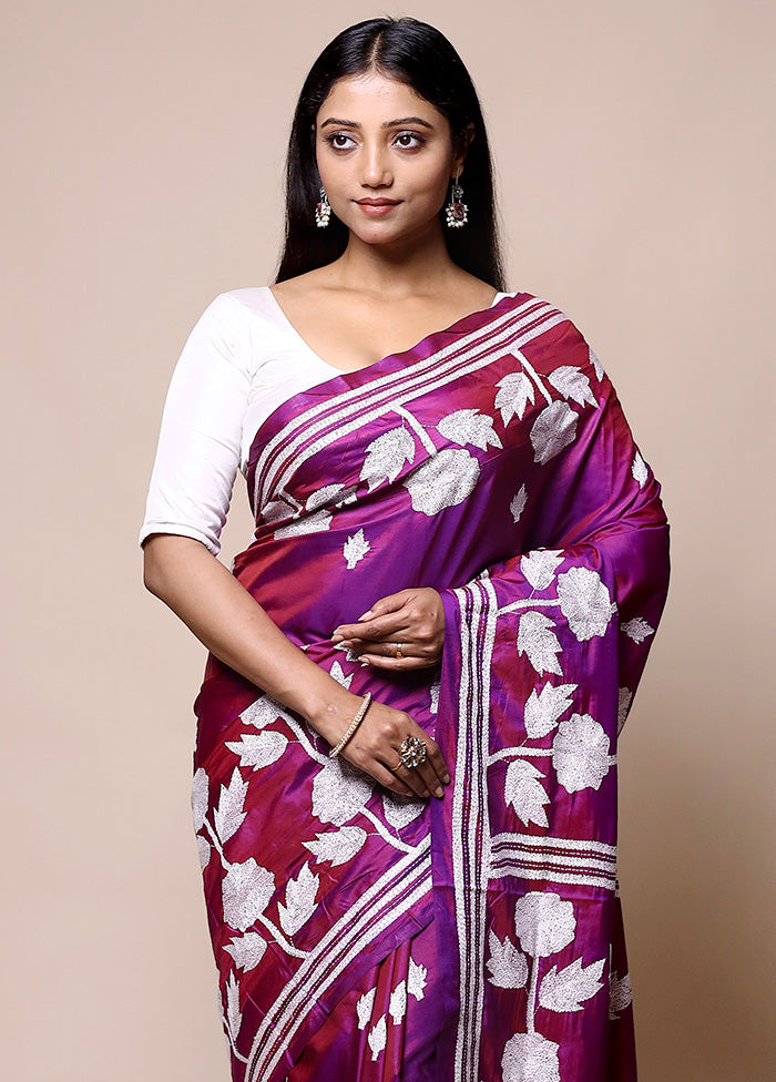 Purple Kantha Stitch Silk Saree With Blouse Piece