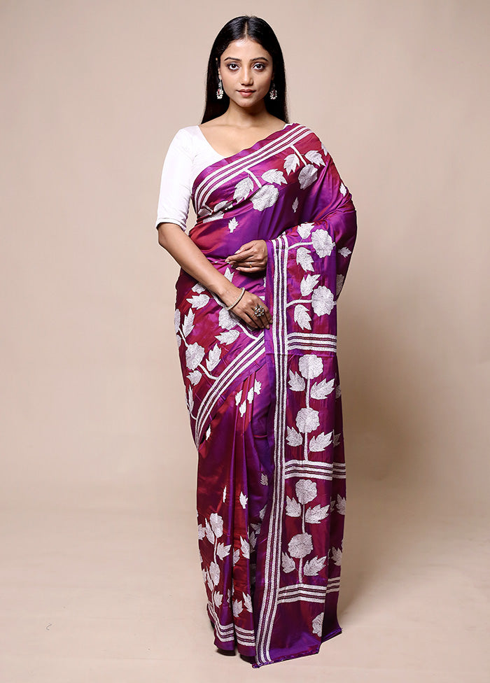 Purple Kantha Stitch Silk Saree With Blouse Piece