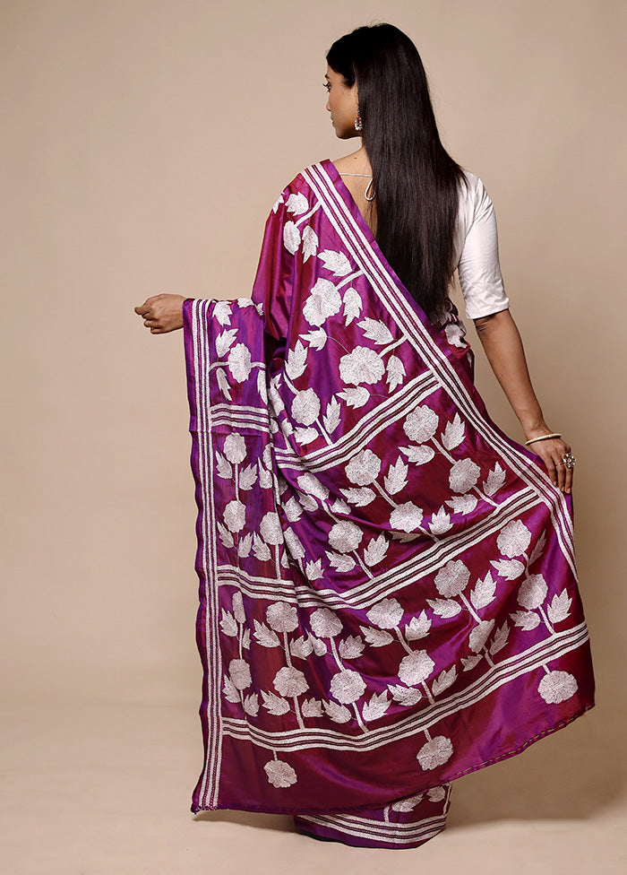 Purple Kantha Stitch Silk Saree With Blouse Piece