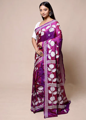 Purple Kantha Stitch Silk Saree With Blouse Piece