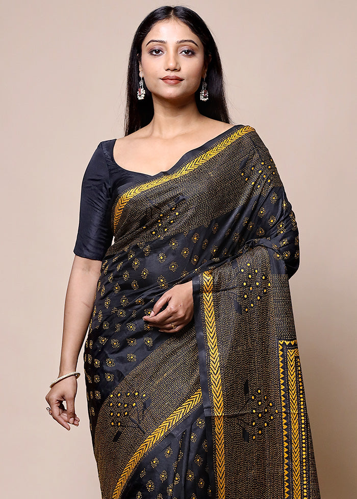 Black Kantha Stitch Silk Saree With Blouse Piece