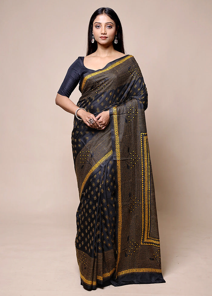 Black Kantha Stitch Silk Saree With Blouse Piece