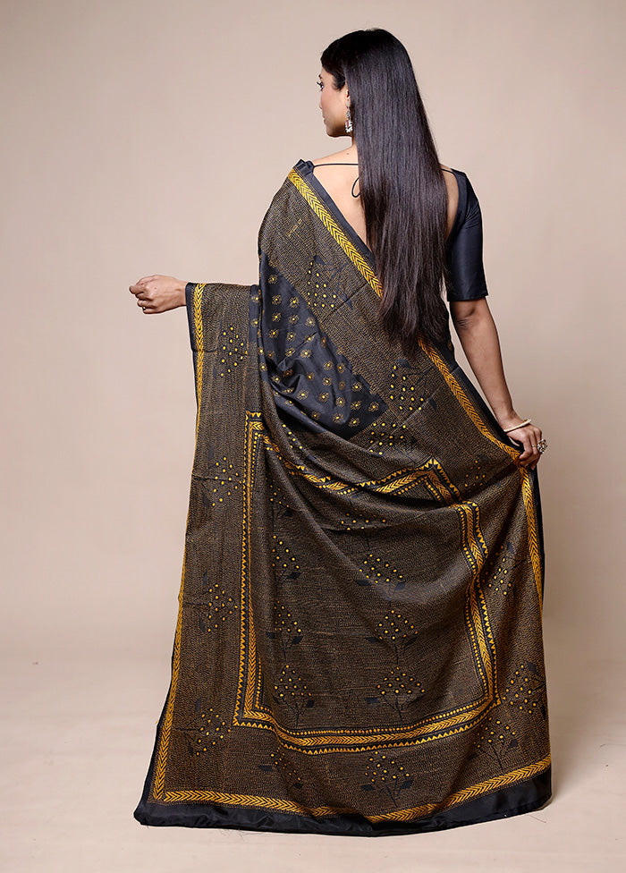 Black Kantha Stitch Silk Saree With Blouse Piece