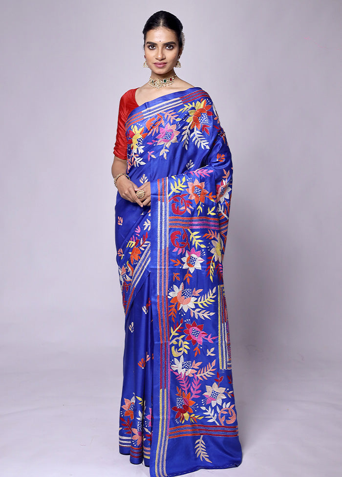 Blue Kantha Stitch Silk Saree With Blouse Piece