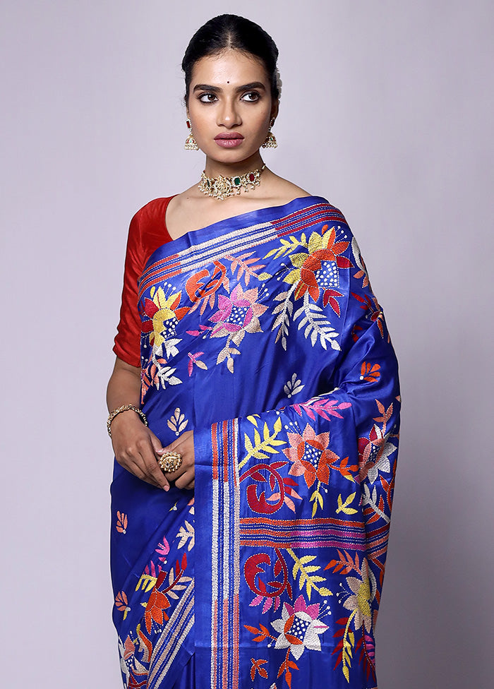 Blue Kantha Stitch Silk Saree With Blouse Piece