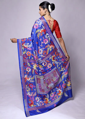 Blue Kantha Stitch Silk Saree With Blouse Piece