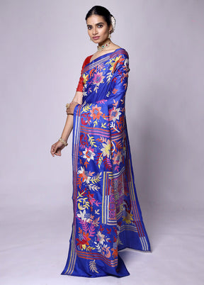 Blue Kantha Stitch Silk Saree With Blouse Piece