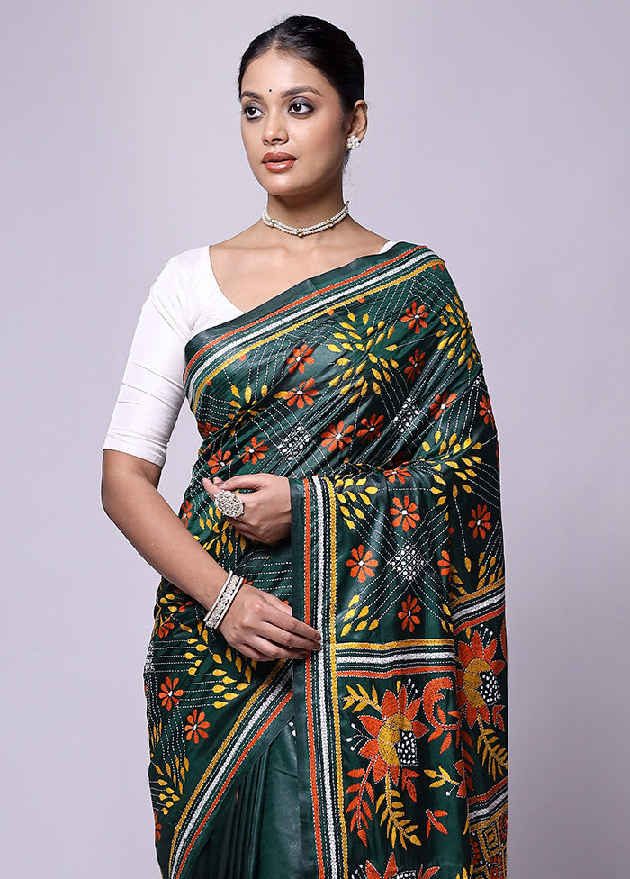 Green Kantha Stitch Silk Saree With Blouse Piece