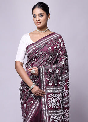 Wine Kantha Stitch Silk Saree With Blouse Piece