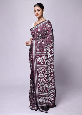 Wine Kantha Stitch Silk Saree With Blouse Piece