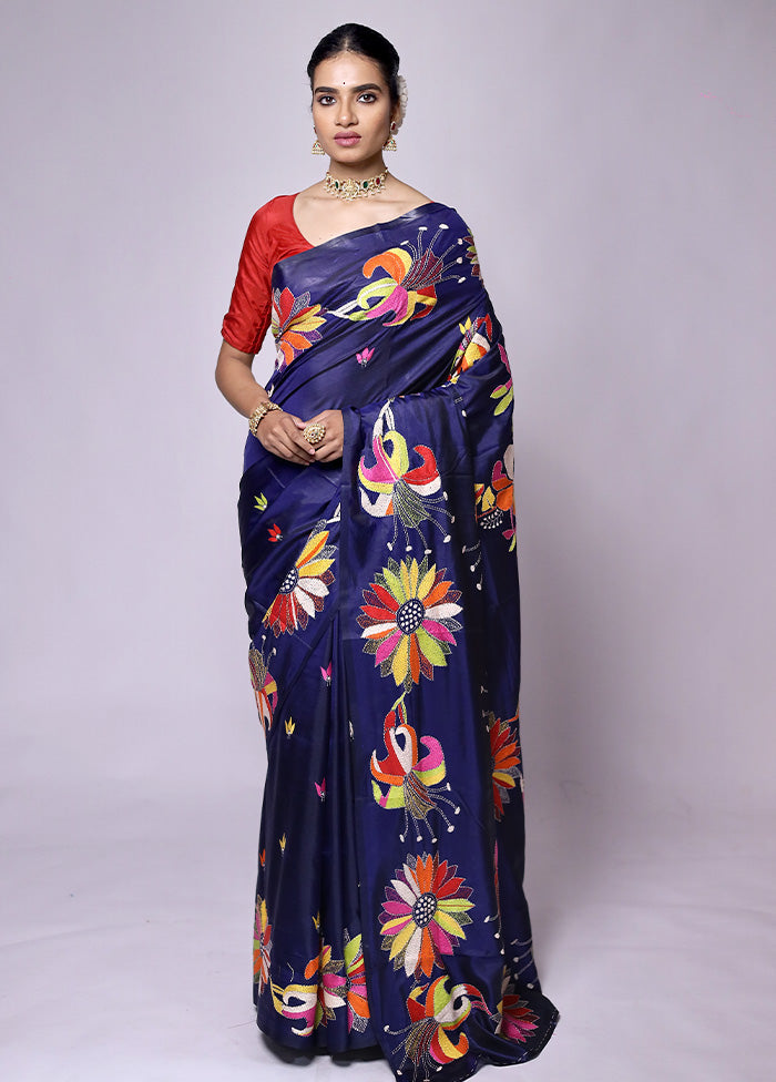 Blue Kantha Stitch Silk Saree With Blouse Piece