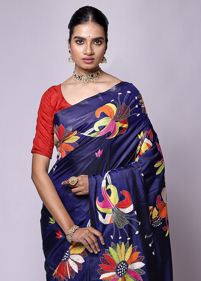 Blue Kantha Stitch Silk Saree With Blouse Piece