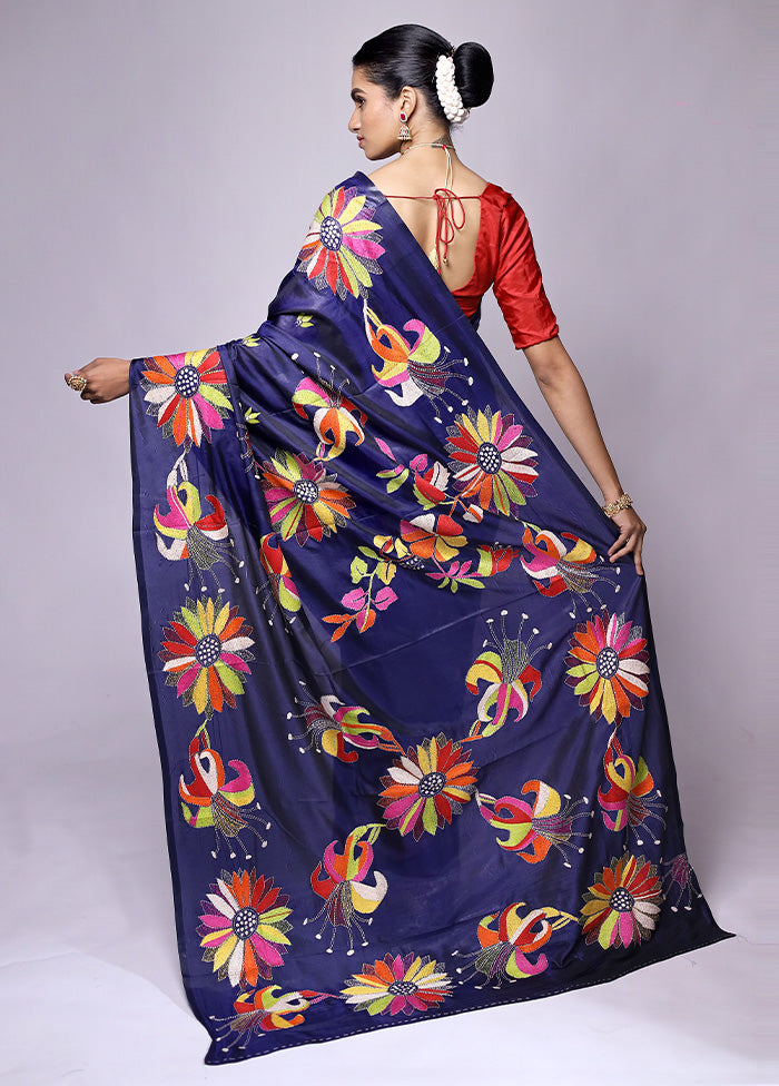 Blue Kantha Stitch Silk Saree With Blouse Piece